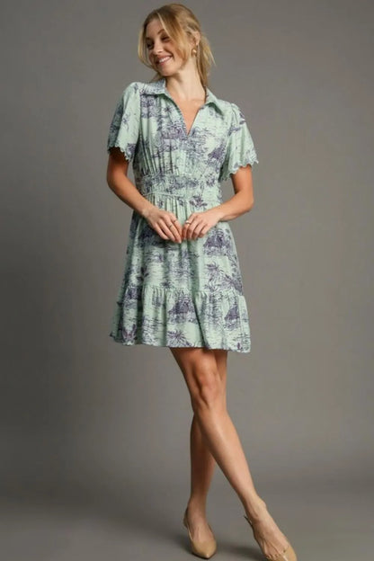 Umgee Full Size Landscape Print Collared Mini Dress Plus Size - Light Green - View 3