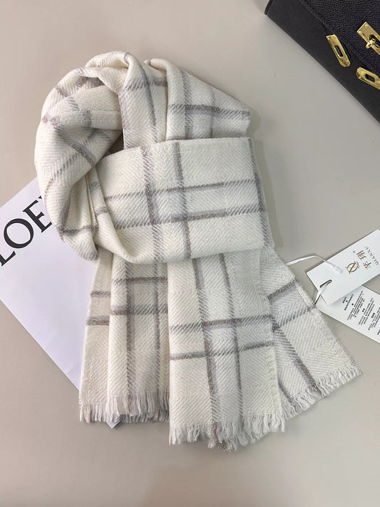 100% Wool Raw Hem Plaid Scarf - Ivory - View 1