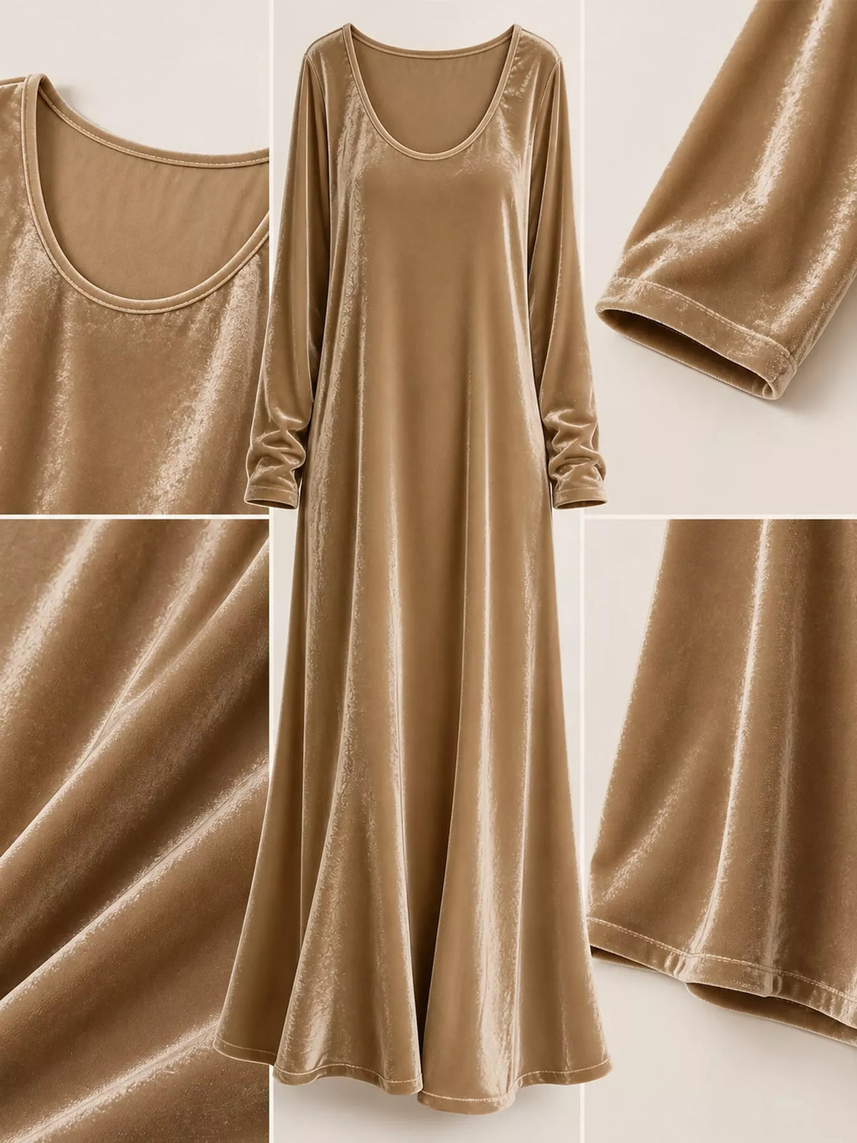 Velvet Long-Sleeve Maxi Dress - Khaki - View 20