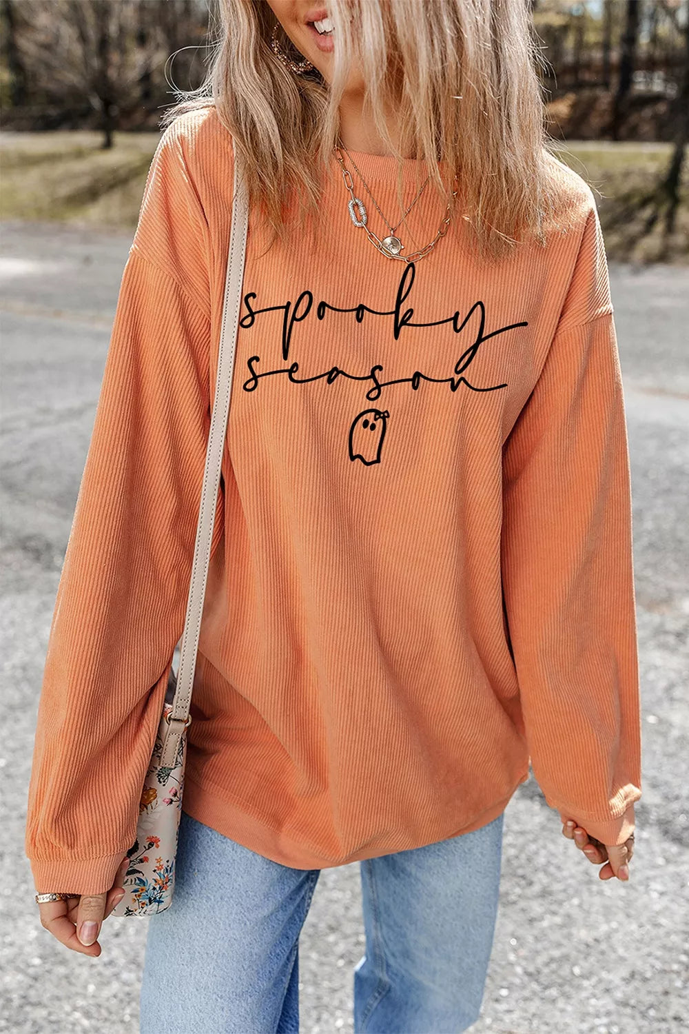Spooky Season Ghost Letter Cozy Ribbed Pullover Sweatshirt - Sherbet - View 2