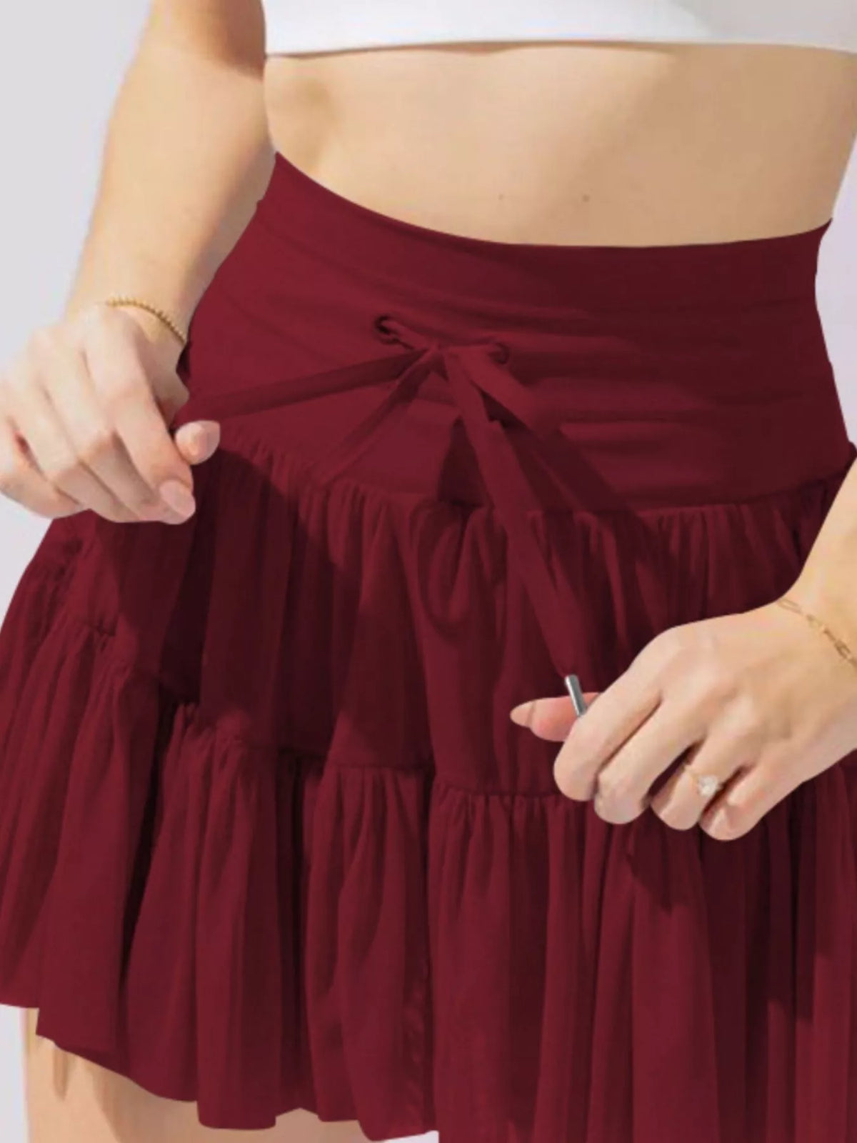 Tiered Skort with Drawstring - Burgundy - View 19