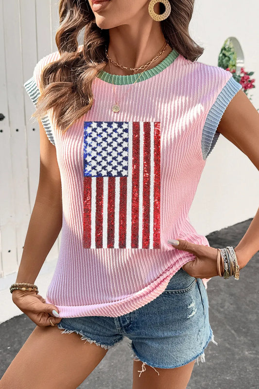 Colorblock Edge Twisted Rib Texture Sequin American Flag Casual T Shirt - product photo 1