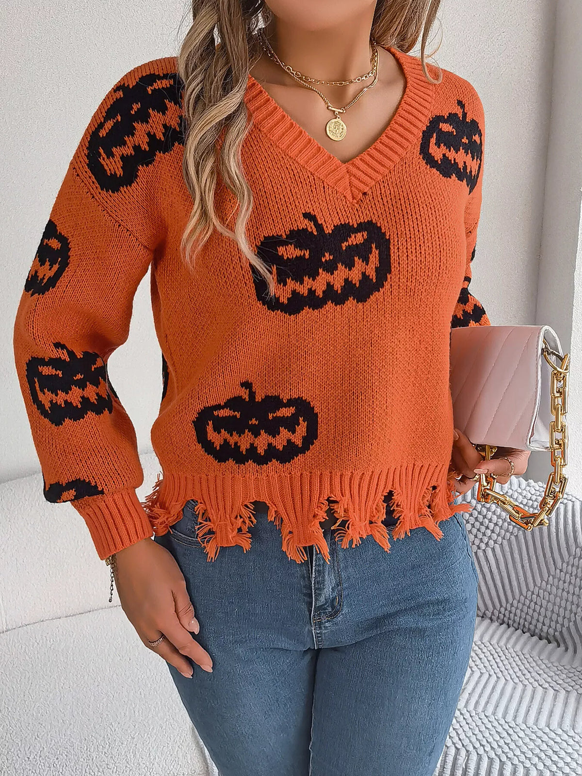 Pumpkin Distressed Hem Sweater - Orange - View 2