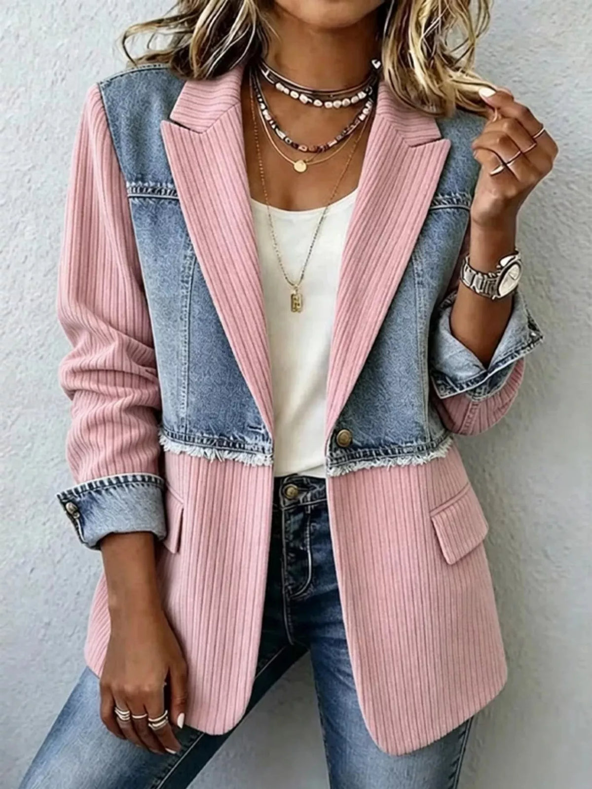 Full Size Patchwork Denim Ribbed Blazer Plus Size - Blush Pink - View 1