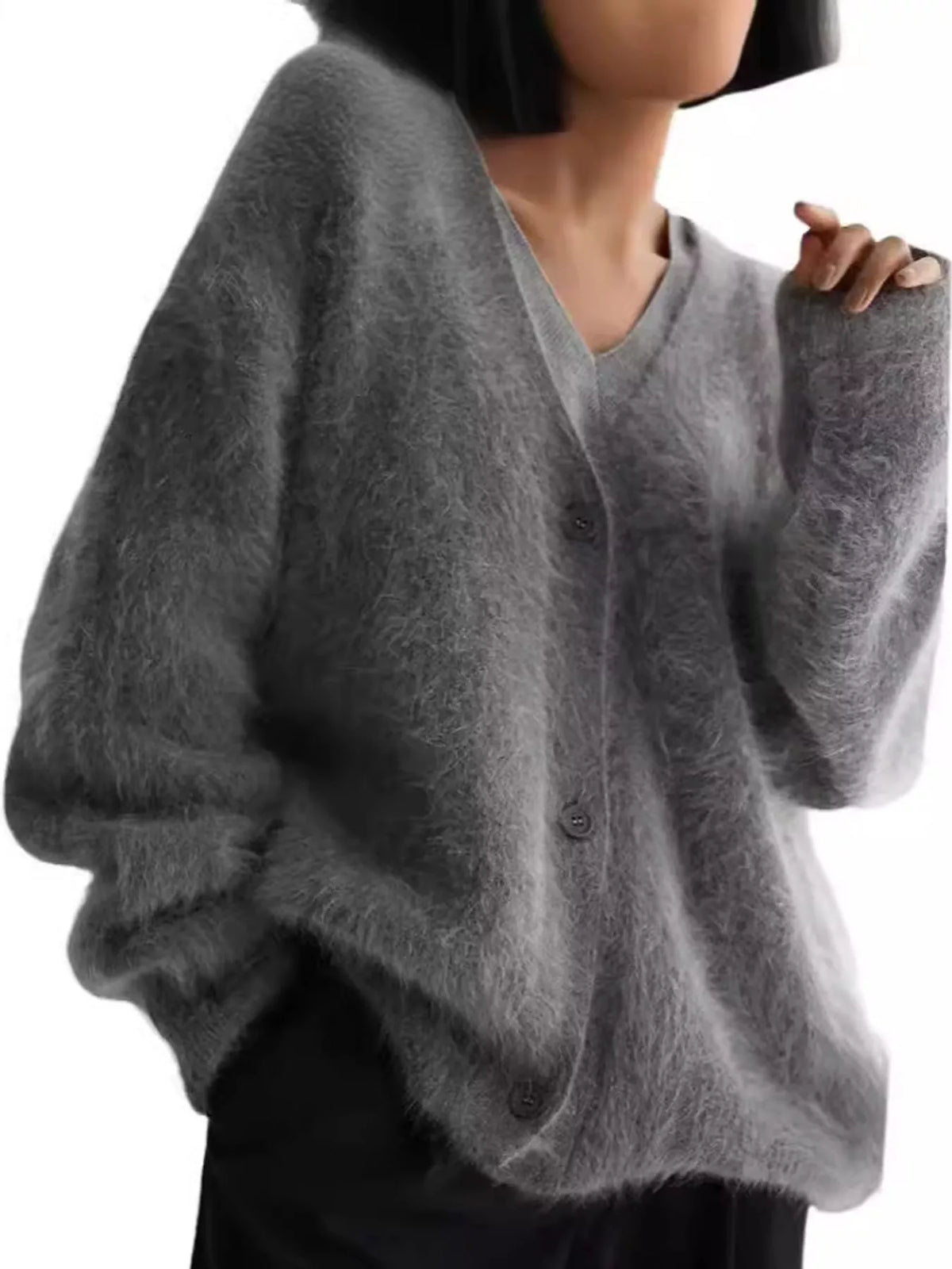 Fuzzy V-Neck Button-Down Cardigan - Gray - View 5