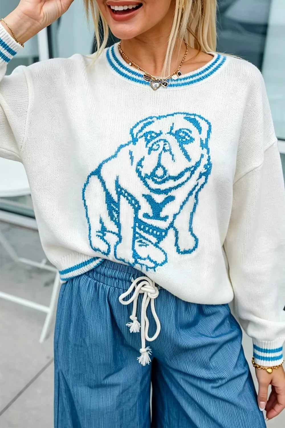 Bulldog Graphic Striped Trim Sweater - Light Blue - View 1