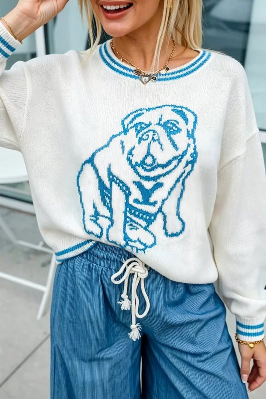 Bulldog Graphic Striped Trim Sweater - Light Blue - View 1