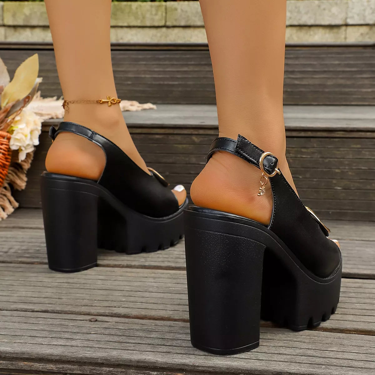 Peep Toe Platform Sandals - Black - View 4