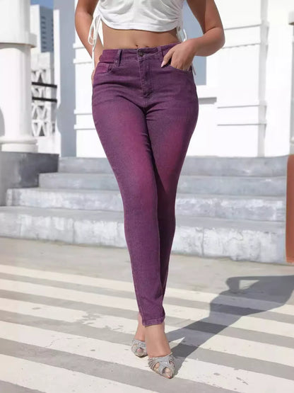 High-Waisted Slim-Fit Jeans - Purple - View 3