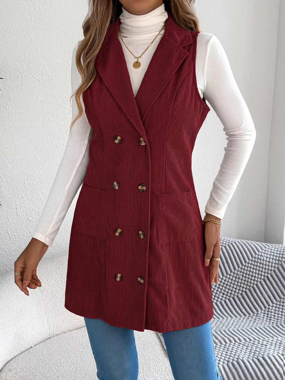 Double-Breasted Long Vest Coat - Burgundy - View 9