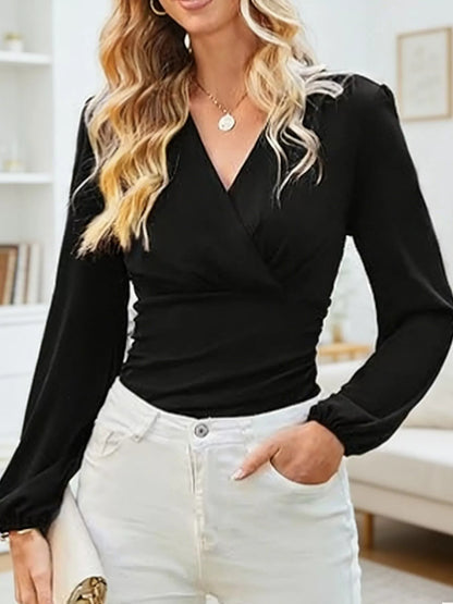 Long Sleeve Ruched Blouse - Black - View 3