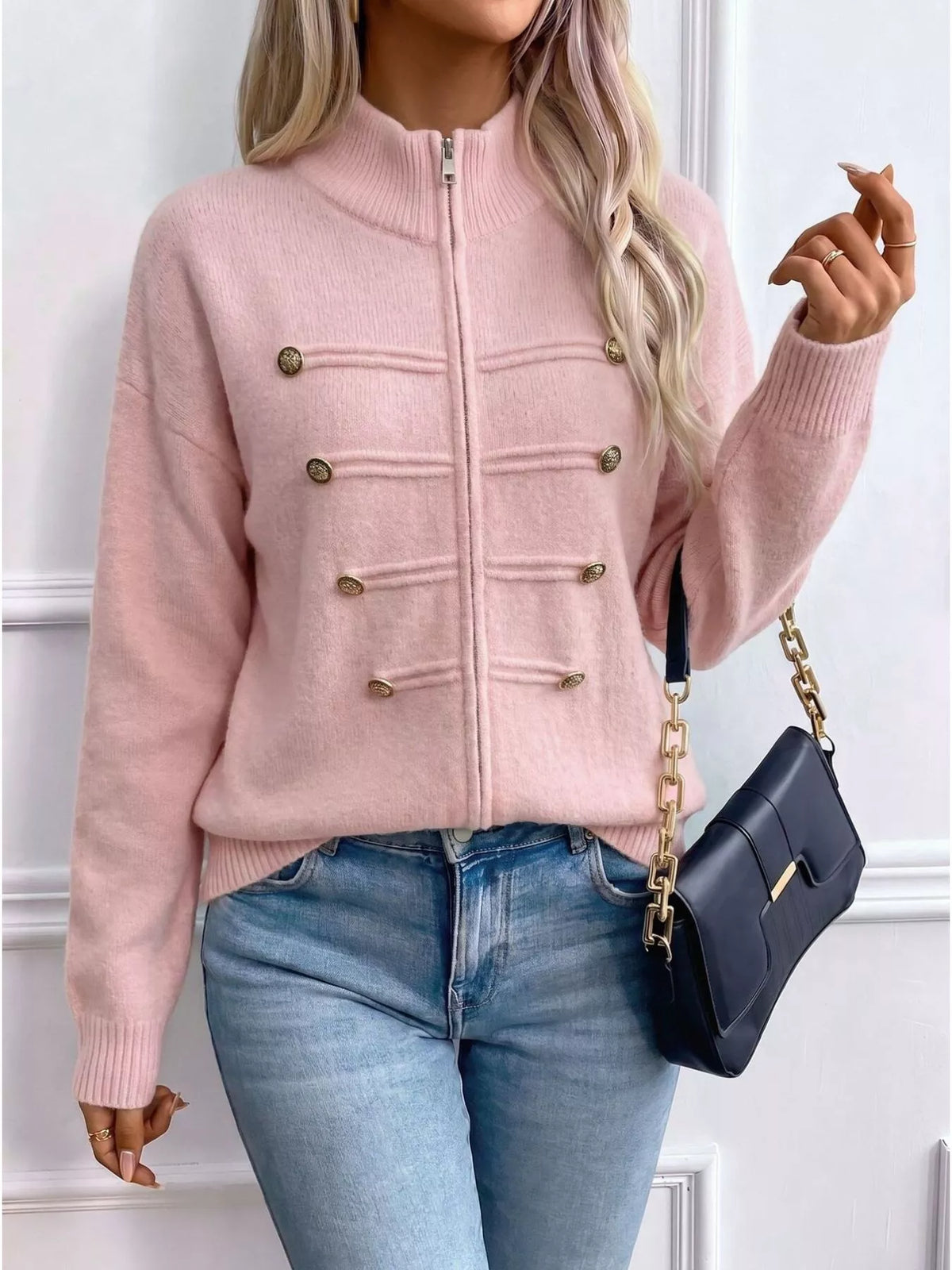 Zip-Up Long Sleeve Cardigan - Pink - View 7