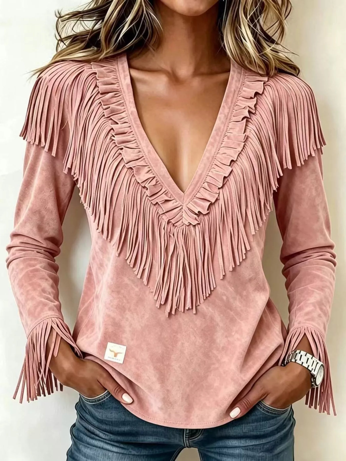 Fringed V-Neck Blouse - Dusty Pink - View 1