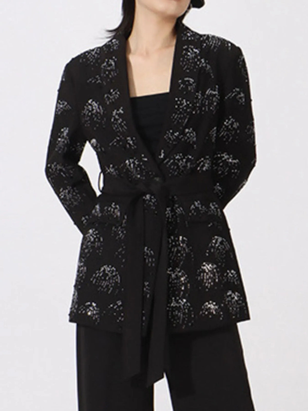 Rhinestone Button Down Long Sleeve Blazer - Black - View 7