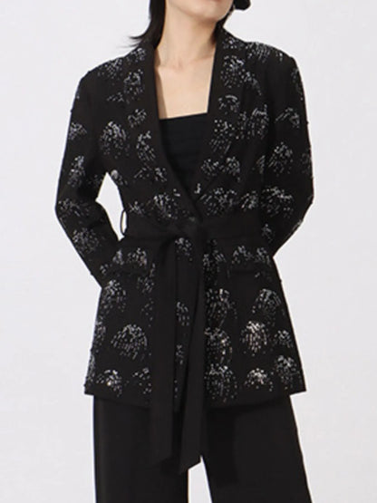 Rhinestone Button Down Long Sleeve Blazer - Black - View 7