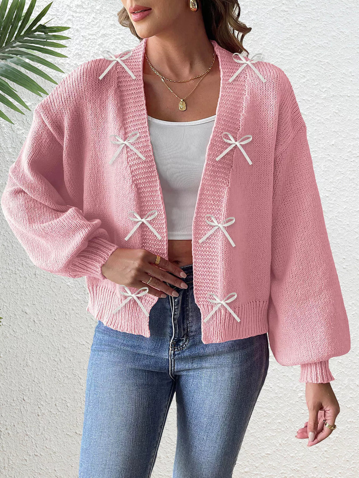 Bow-Tie Open Front Knit Cardigan - Pink - View 2