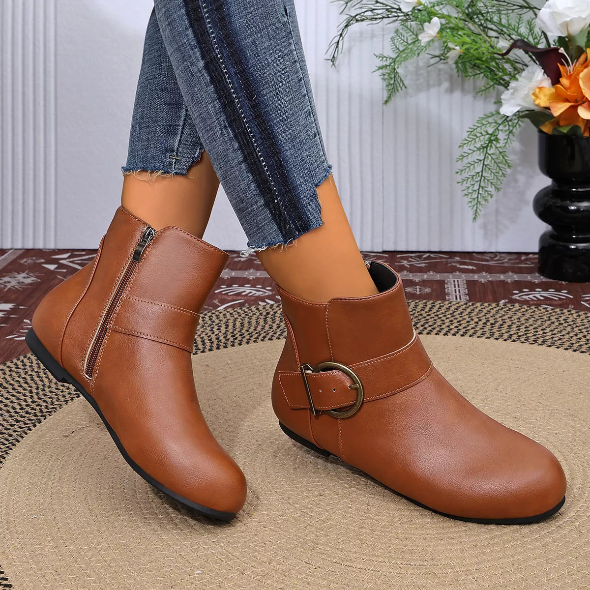 Round Toe Ankle Boots - Brown - View 9
