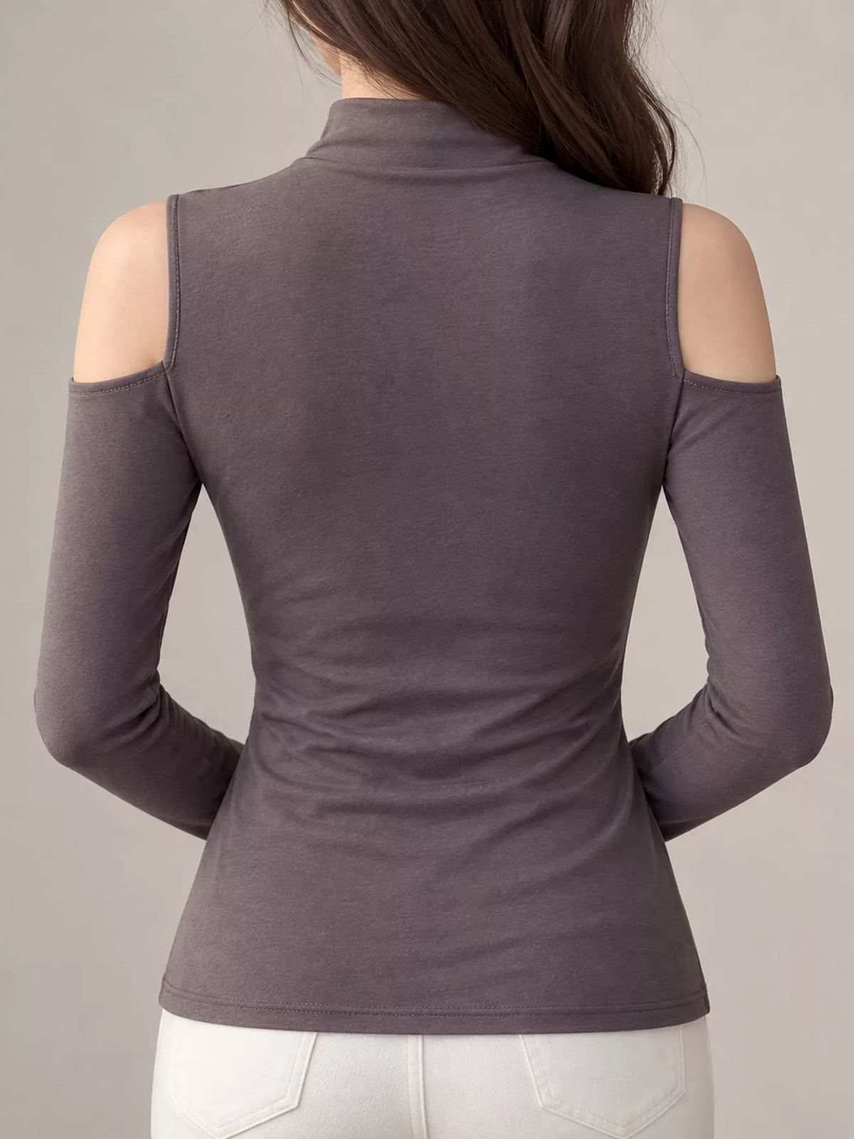 Mock Neck Cold-Shoulder Slim-Fit T-Shirt - Smoke Gray - View 11
