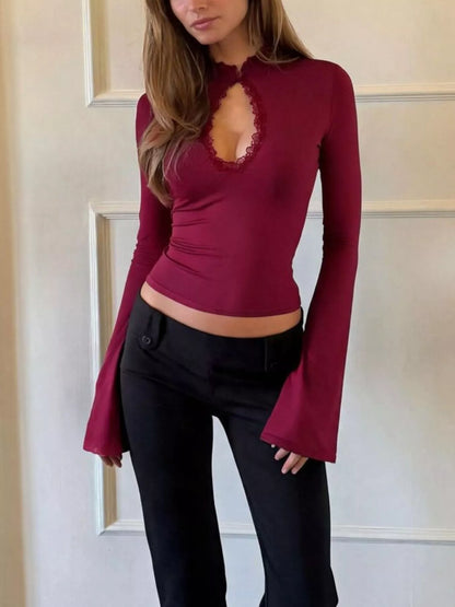 Lace-Trimmed Keyhole Long Sleeve T-Shirt - Red - View 2