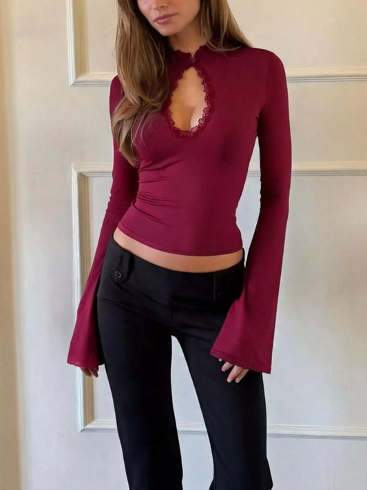 Lace-Trimmed Keyhole Long Sleeve T-Shirt - Red - View 2