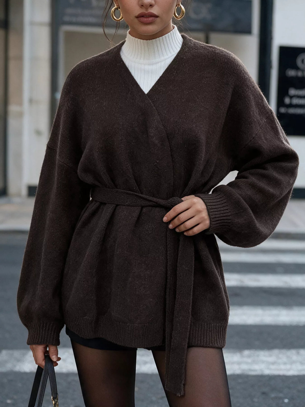 Tie Waist Dropped Shoulder Wrap Cardigan - Chocolate - View 1