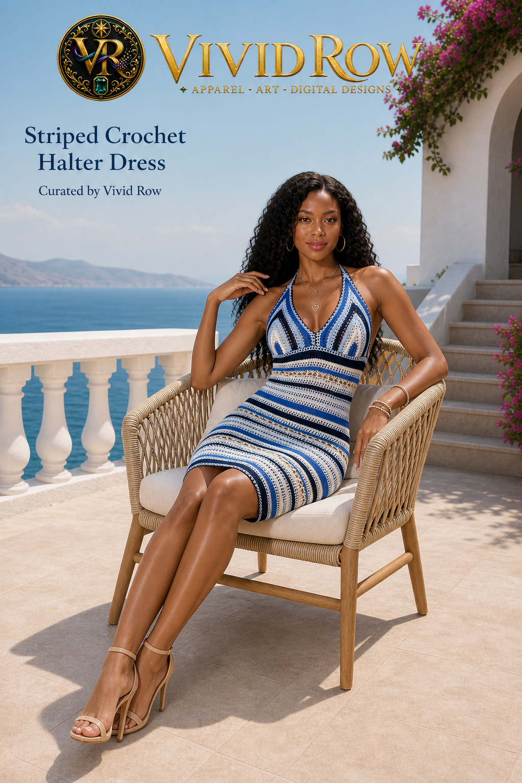 Striped Crochet Halter Neck Sweater Dress - Dusty Blue - Seated View