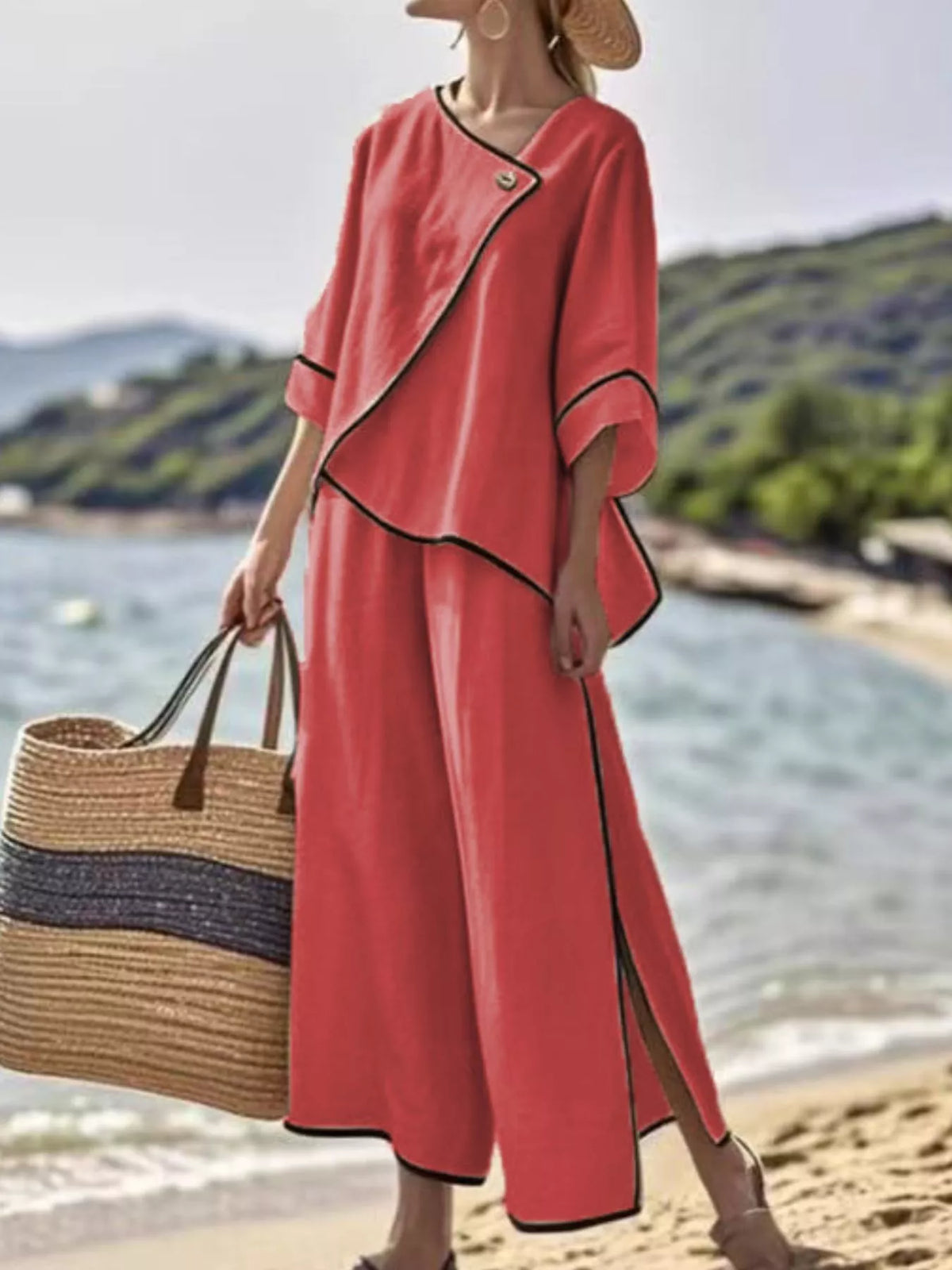 Full Size Contrast Trim Top and Wide Leg Pants Set Plus Size - Red - View 1