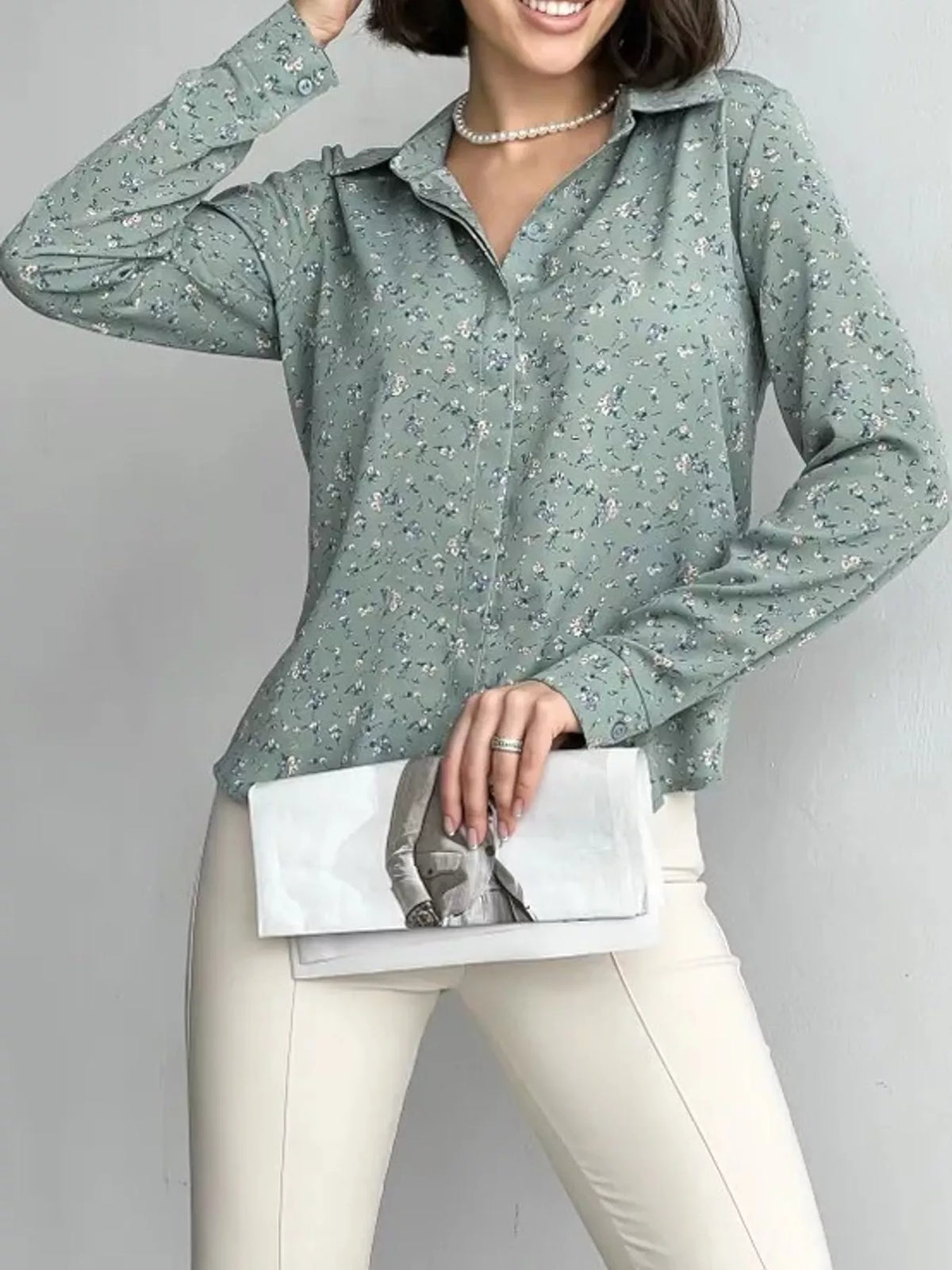 Button Up Long-Sleeve Shirt - Light Green-Ditsy Floral - View 33