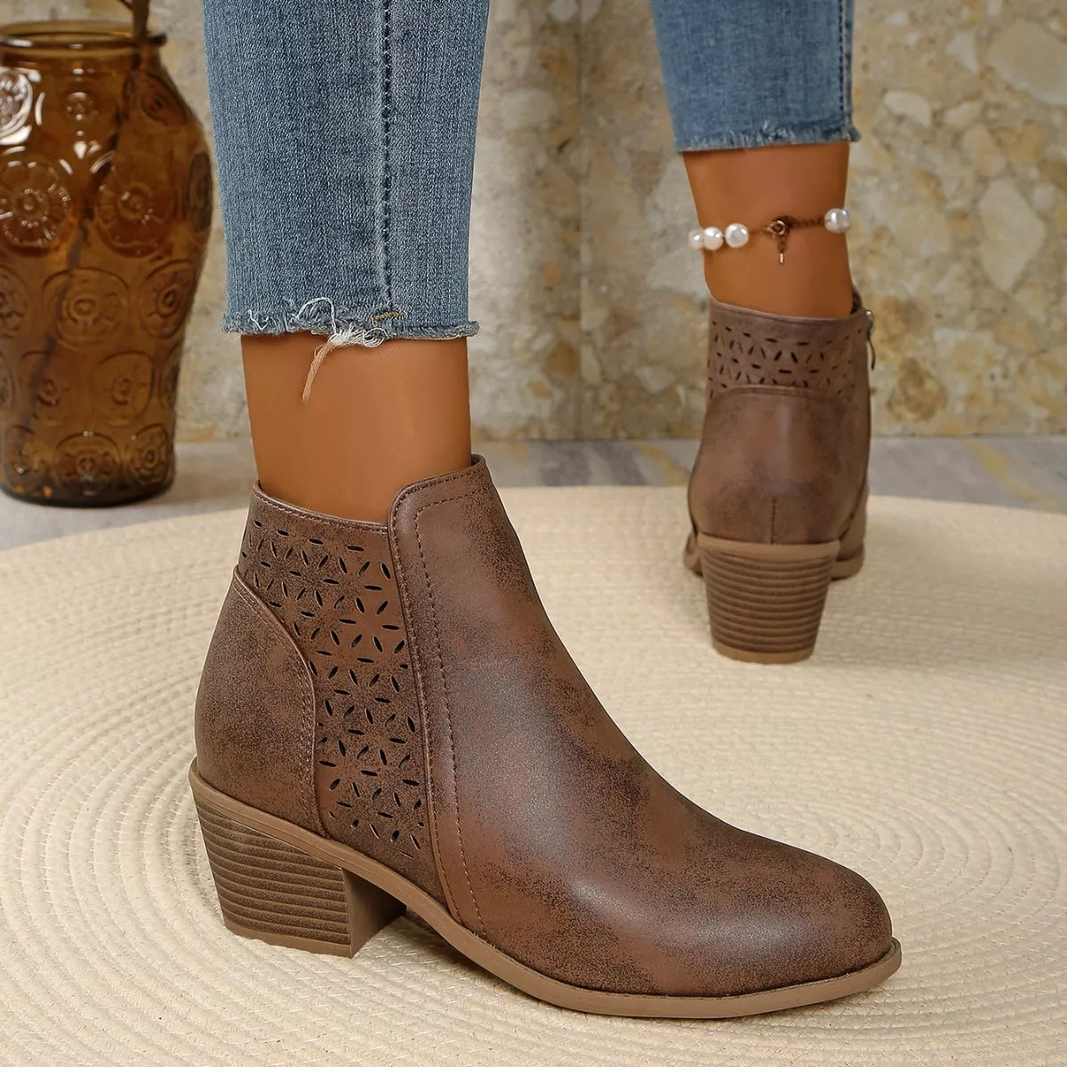 Point Toe Block Heels Boots - Brown - View 12