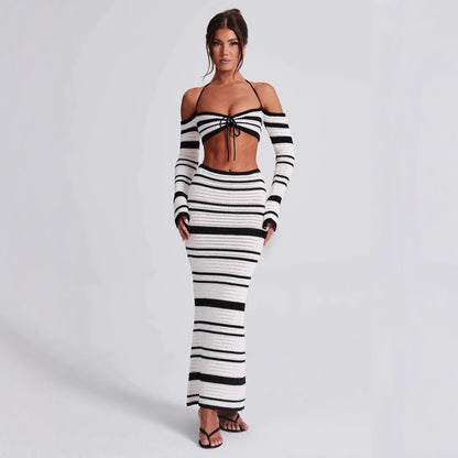 Women's Suit Summer Striped Long Sleeve Halter Top and Skirt Two-Piece Set