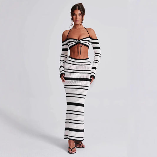 Women's Suit Summer Striped Long Sleeve Halter Top and Skirt Two-Piece Set