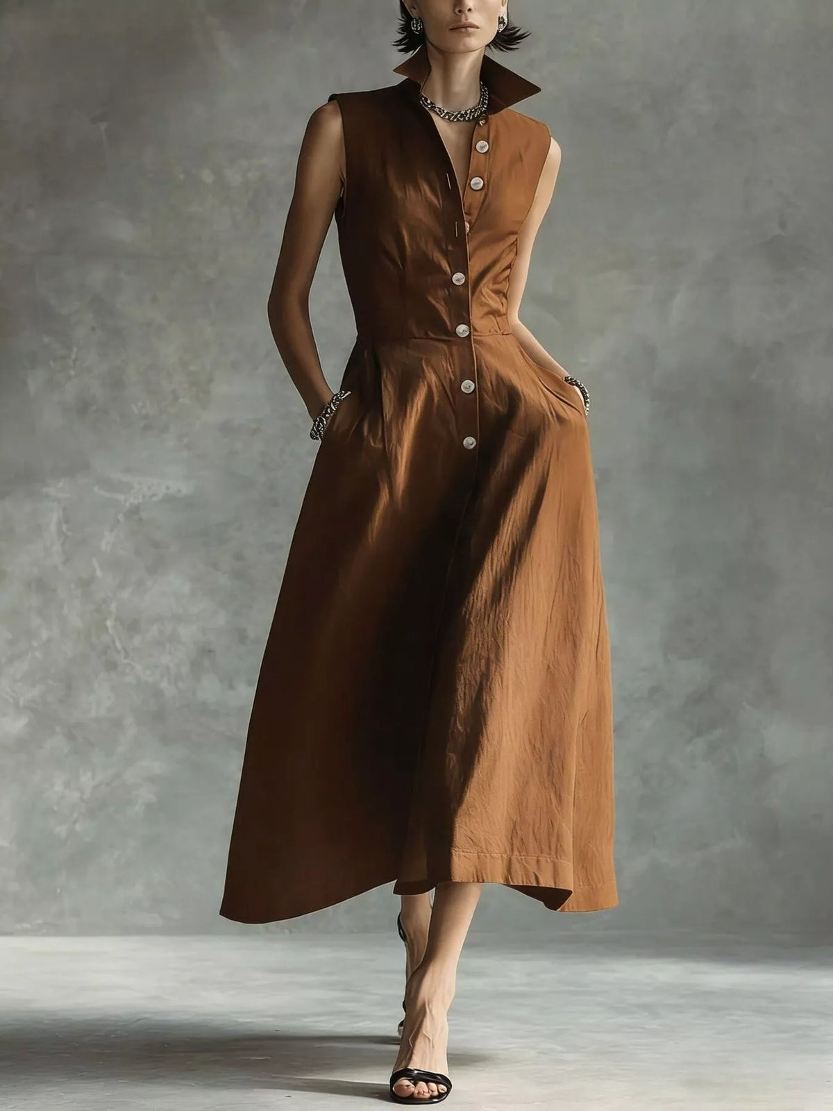 Sleeveless Button-Down Midi Shirt Dress - Dark Brown - View 10