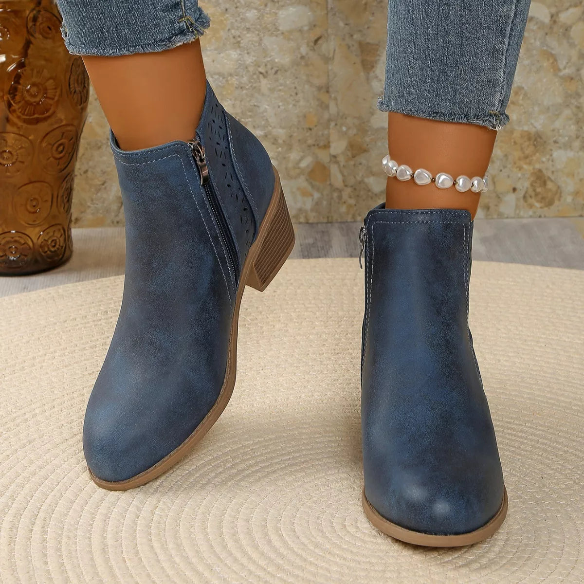 Point Toe Block Heels Boots - Blue - View 17