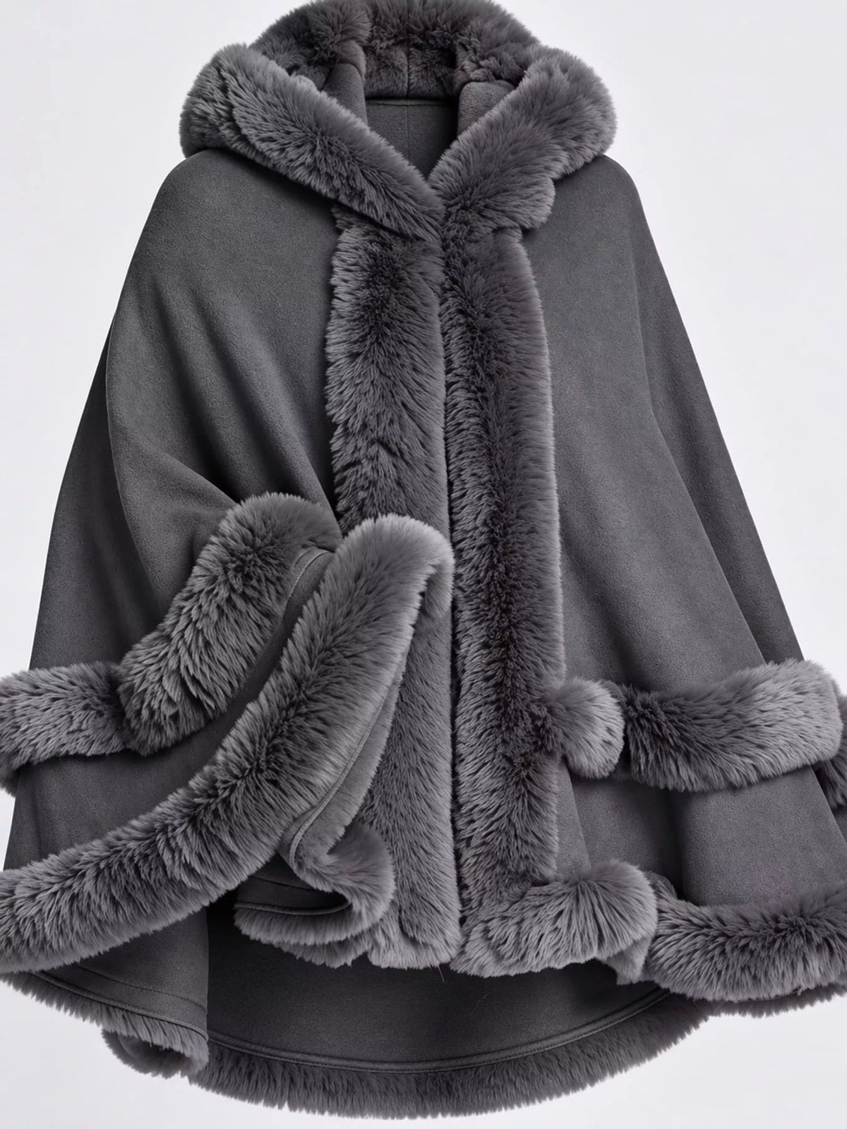 Faux Fur Trimmed Hooded Cape - Dark Gray - View 11