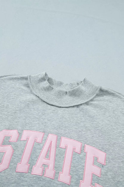 Exposed Seam Mock Neck STATE Letter Graphic Loose Sweatshirt - Gray - View 8
