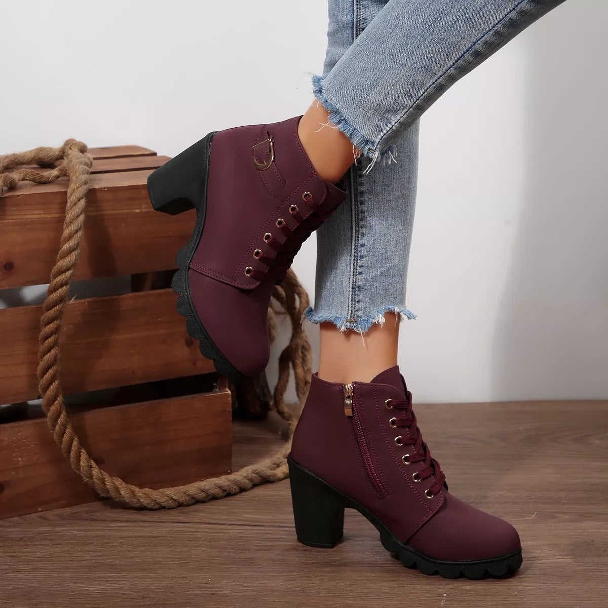 Lace Up Block Heels Boots - Burgundy - View 13