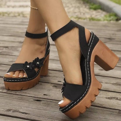 Open Toe Block Heels Sandals - Black - View 3