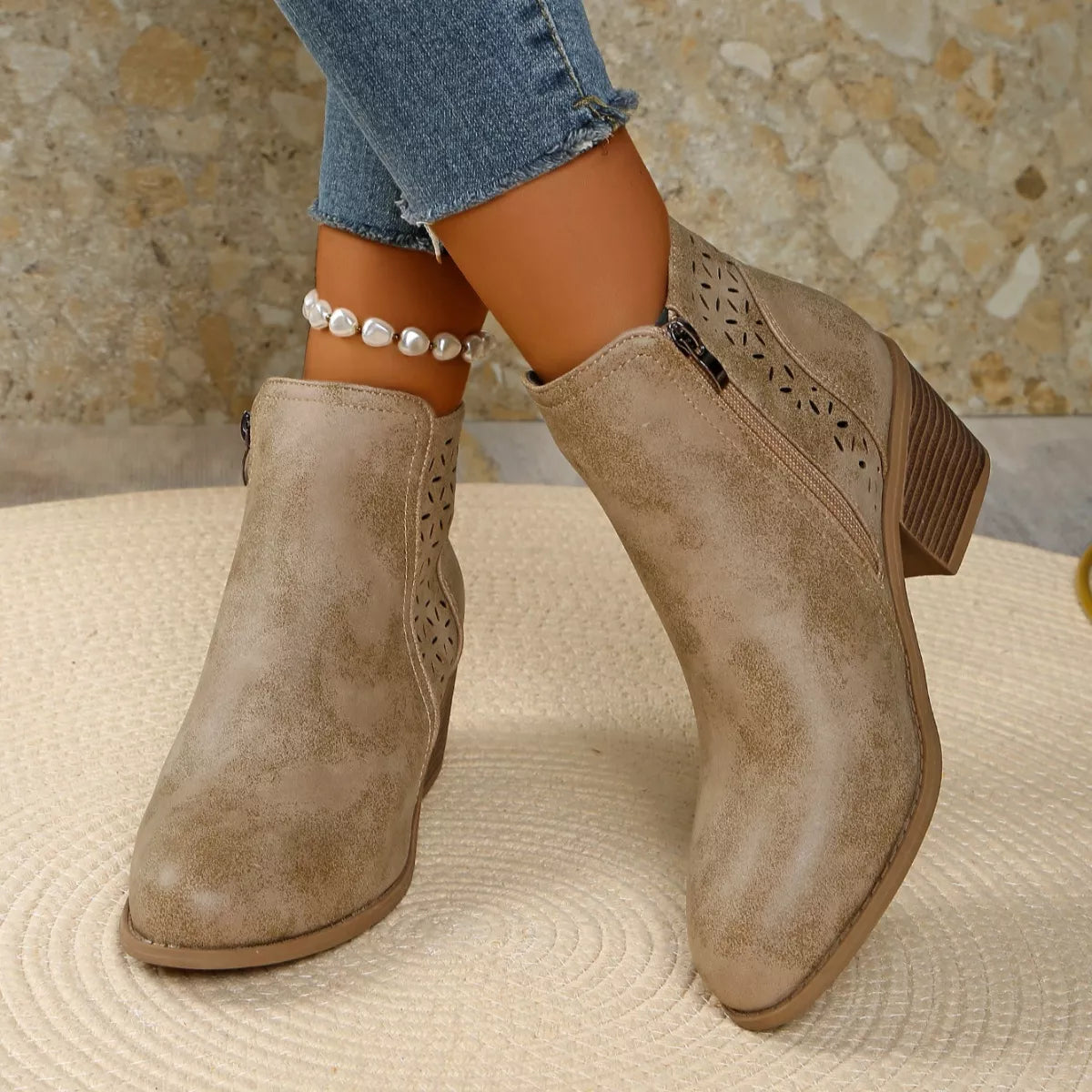Point Toe Block Heels Boots - Khaki - View 22