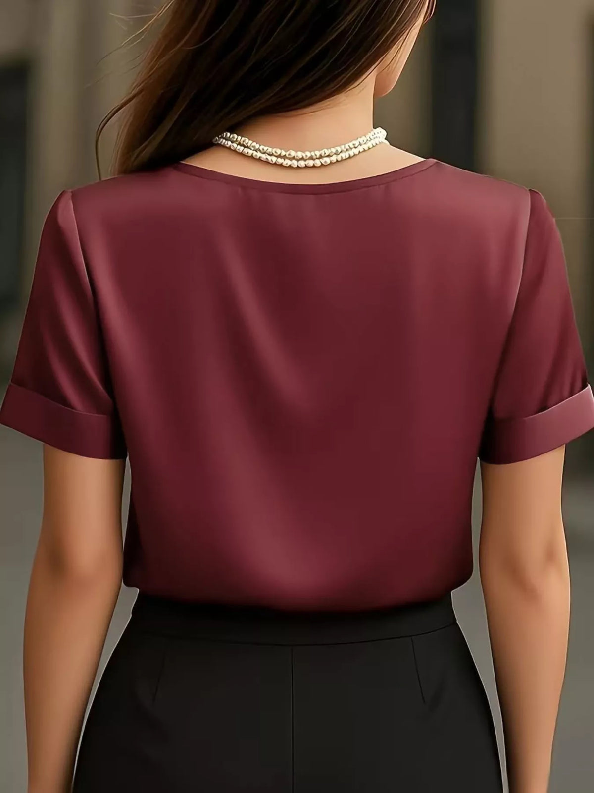 V-Neck Short Sleeve Satin Blouse - Wine Red - View 11