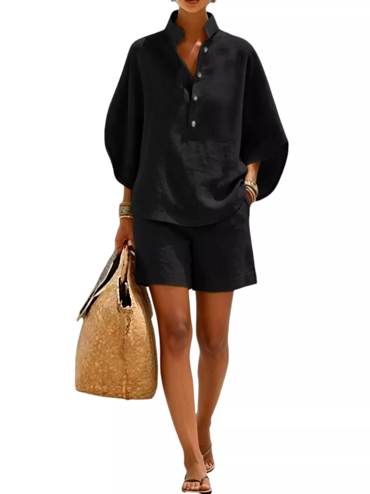Full Size Button Detail Loose Fit Top and Shorts Set Plus Size - Black - View 1