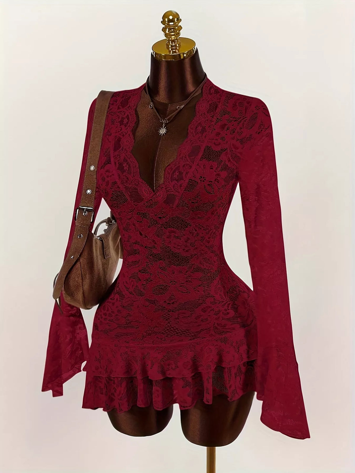 Lace V-Neck Long Sleeve Ruffled Blouse - Red - View 2