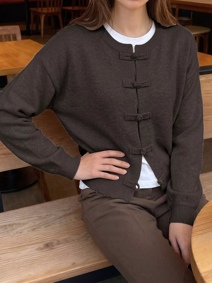 Chinese-Style Button Knit Cardigan - Coffee Brown - View 5