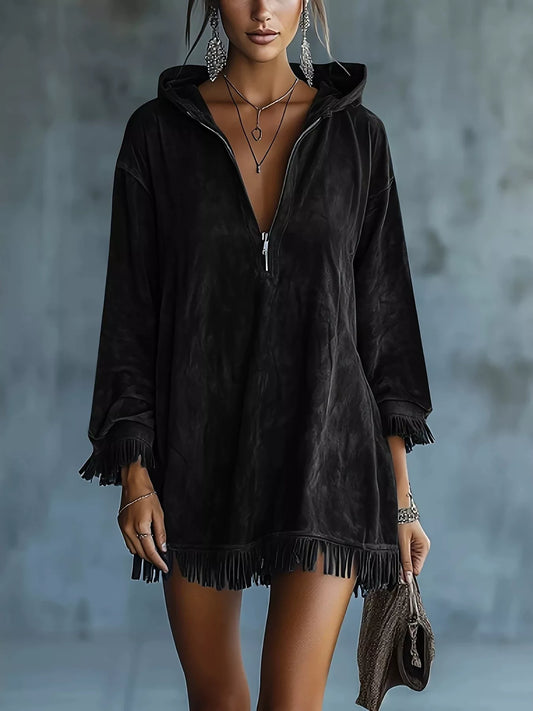 Full Size Hooded Fringed Half Zip Mini Dress Plus Size - Black - View 1