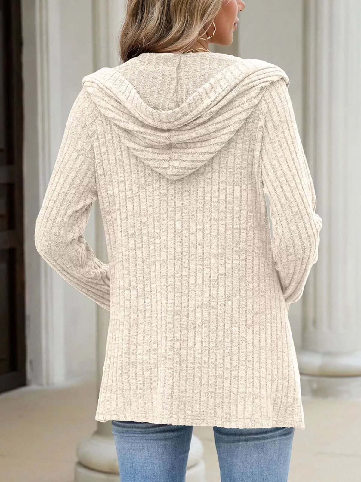 Ribbed Knit Hooded Button-Down Cardigan - Apricot Color - View 6
