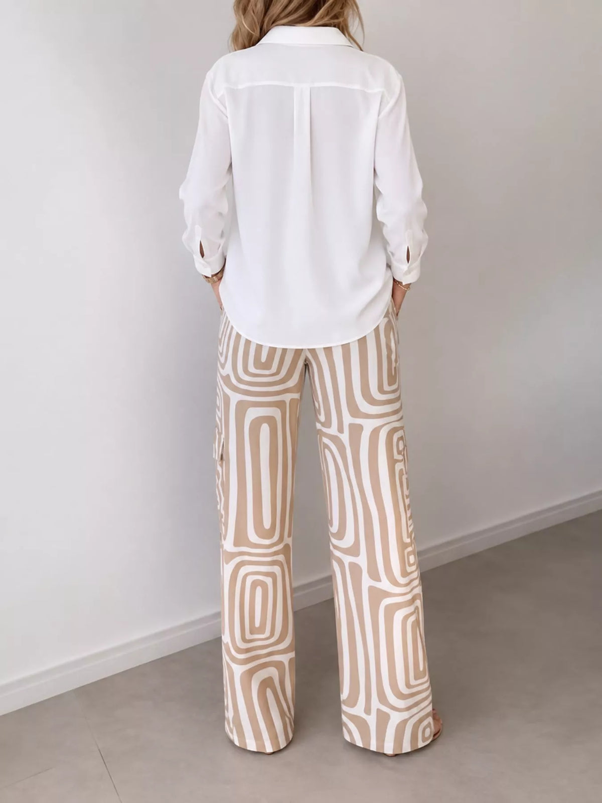 Full Size Chic Button-Down Shirt and Geometric Wide-Leg Pants Set Plus Size - Khaki - Set - View 5