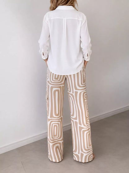 Full Size Chic Button-Down Shirt and Geometric Wide-Leg Pants Set Plus Size - Khaki - Set - View 5