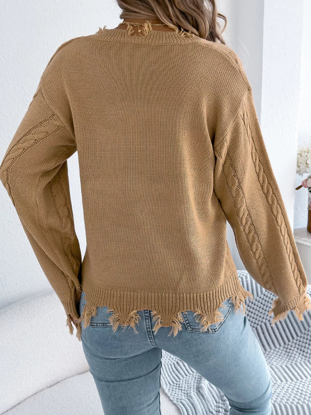 V-Neck Distressed Hem Cable Knit Sweater - Camel - View 7