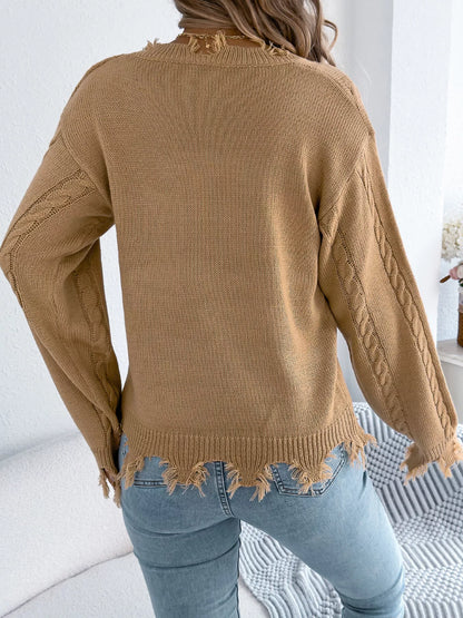 V-Neck Distressed Hem Cable Knit Sweater - Camel - View 7