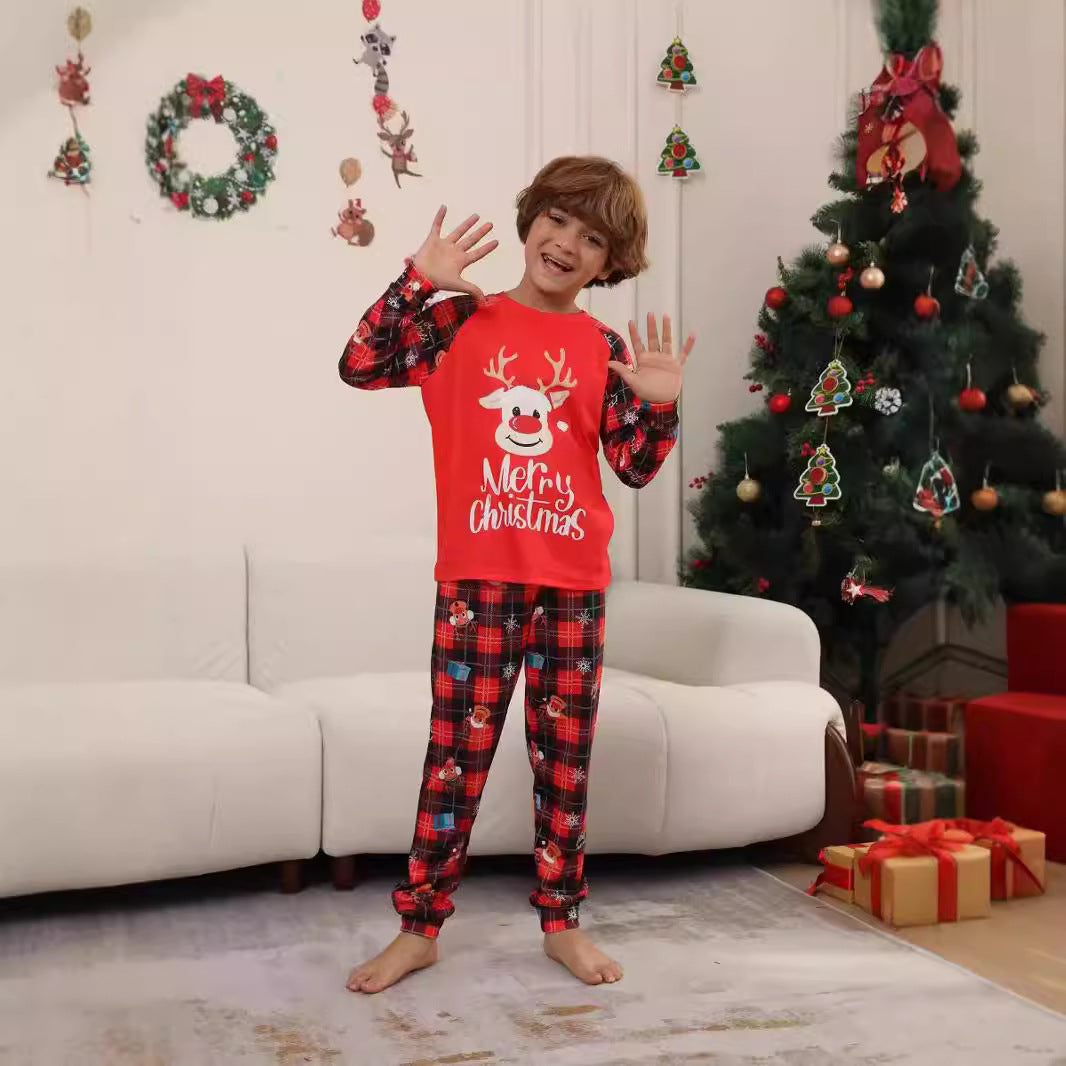 Christmas Deer Snowflake Letter Plaid Printed Pajamas Set for Family, Festive Holiday Home Wear