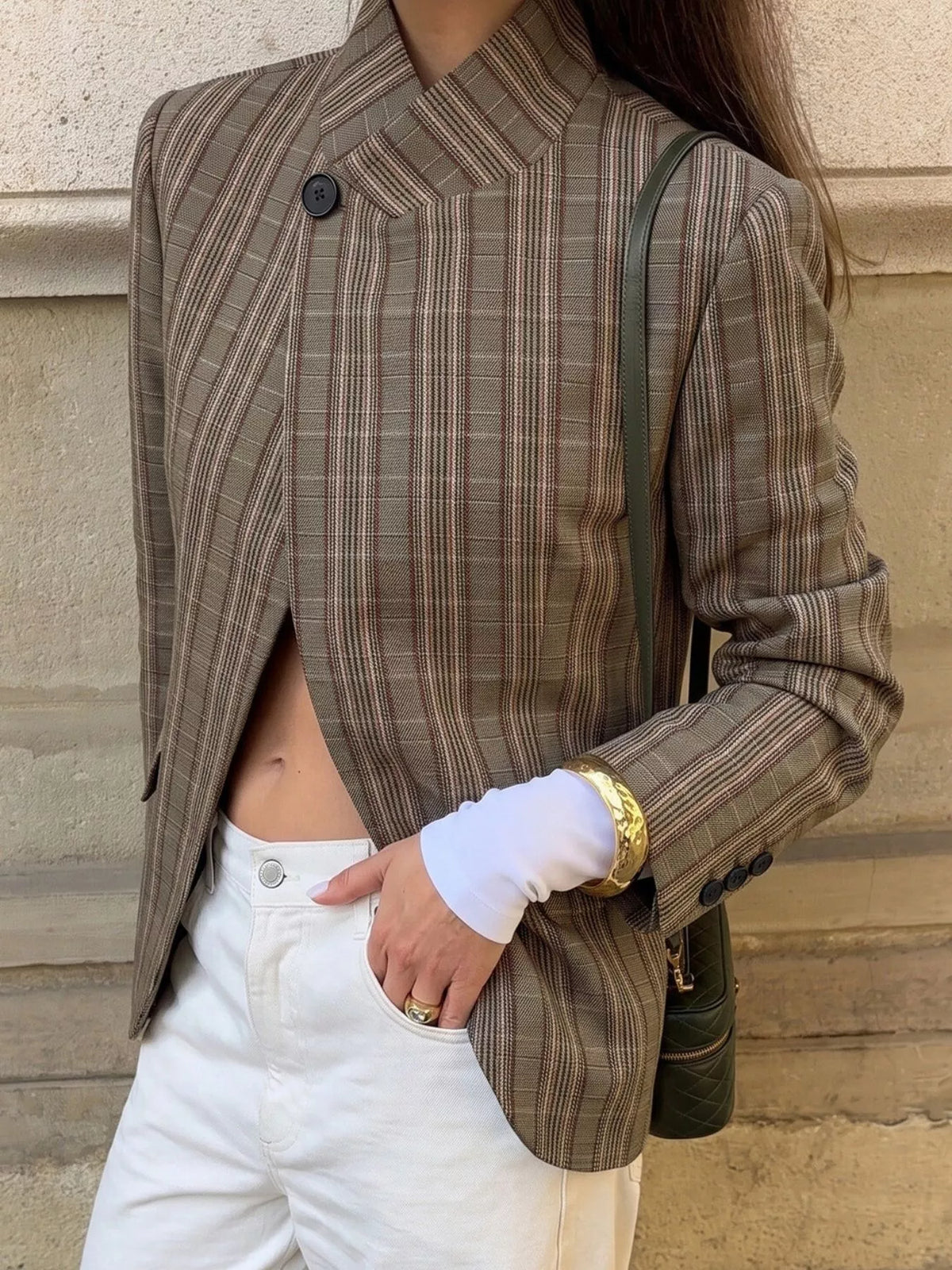Plaid Single-Button Blazer - Mocha - View 5